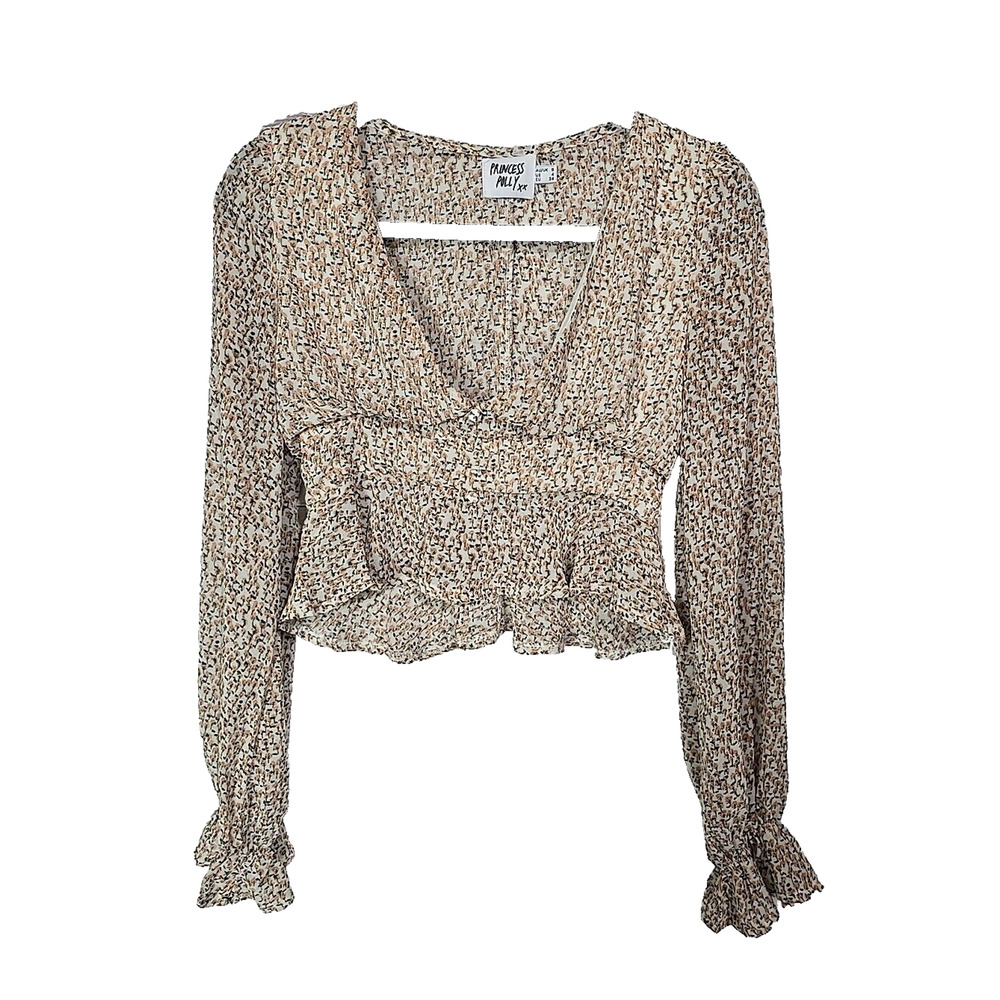 Princess Polly Tan Ditsy Floral V-Neck Long Sleeve Peplum Crop Top Womens Size 4